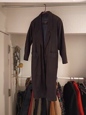 COMINT Genuine Leather Long Trench Coat Black Size M